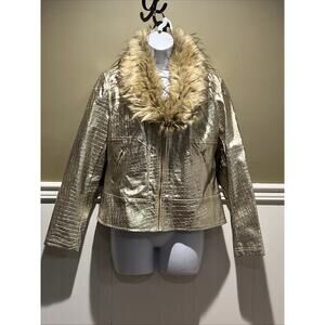 V Cristina Faux Leather Crocodile Textured Jacket Gold Faux Fur Trim Size M